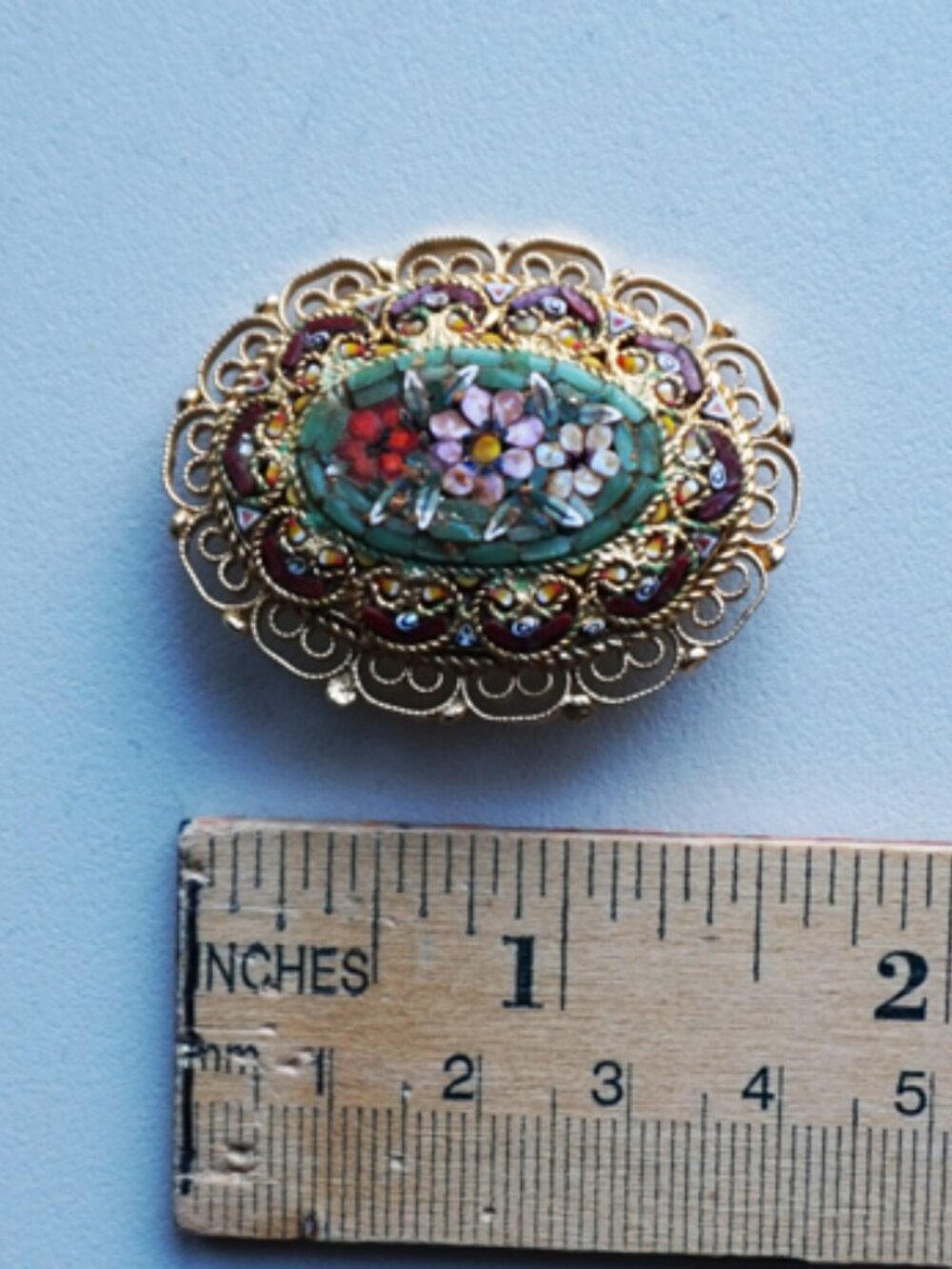 Vintage Italian Millefiori Oval Brooch Made of Glass in a Floral Mosaic Design. - Picture 2 of 4